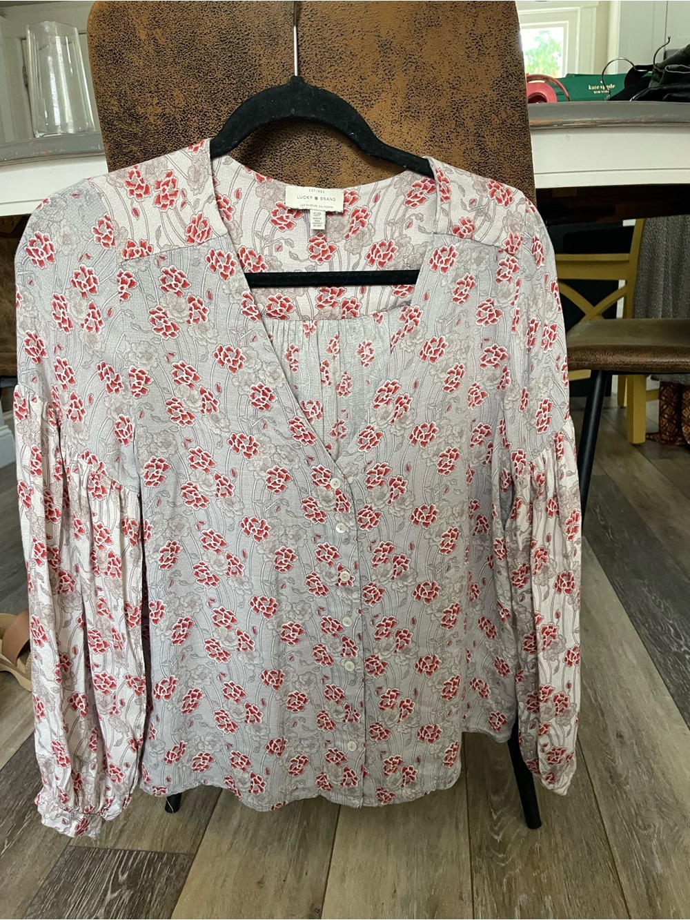 Lucky Brand White Blouse with Red Floral Motif